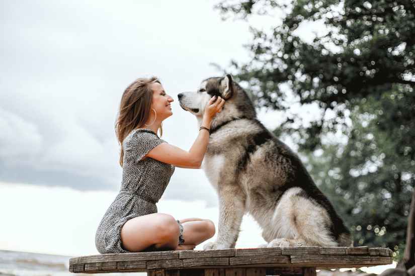 photo of smiling woman in floral dress sitting on wooden platform while petting a dog
